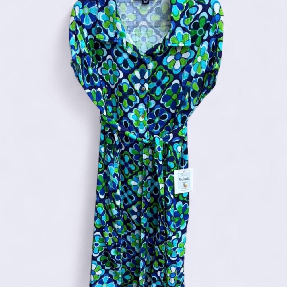 MELINDA Retro Cotton Dress in Jubilee Blue by Lesley Evers. - Picture 2 of 7
